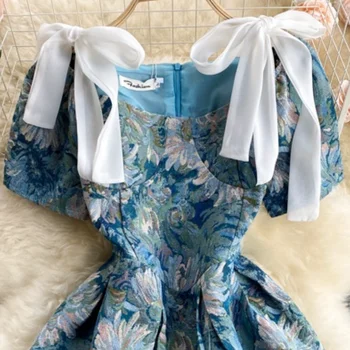 2021 Poletje Cvet Vintage Obleke Ženske Elegantne Y2k Obleko Korejski Modno Oblikovanje Kratek Rokav Večer Stranka Obleko Samice Lok