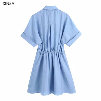 Ženske, Modro Poletje Shirt Obleko Za 2021 Kratek Rokav Obliž Žepe Pleat Priložnostne Mini Obleka Ženska Elegantna Gumb Gor Elastična Obleke