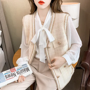2021 Jeseni Majhen Dišave Imitacije Mink Lase Telovnik Francoskega Stila Vintage Tweed Outwear Beloprsi Singl Korejski Modna Jakna
