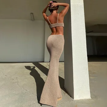Počitnice Pletene Maxi Obleke za Ženske Poletje 2021 Elegantno Seksi Stranka izrežemo Backless Bodycon Obleko