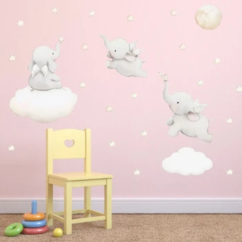 Luštna slona stenske nalepke s krili samolepilni papir srčkan fant, otroška soba dekoracijo sten slon dekoracijo nalepka