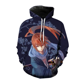 Rurouni Kenshin Anime Hoodies Japonski Samuraj 3D Tiskanja Moški Ženske Fashion Majica Prevelik pulover s kapuco Harajuku Ulične Unisex