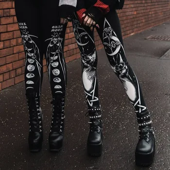 3XL Ženske Dokolenke Fitnes Plus Velikost Black Ulične Goth Cat Natisnjeni Legging Punk Dokolenke Svinčnik Hlače Oversize Moda