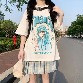 Japonska Lolita Style Risanka Graphic Tee Majice Ženske Poletje Prevelik Kratek Rokav Kawaii T-shirt Vrhovi Šolarka Svoboden