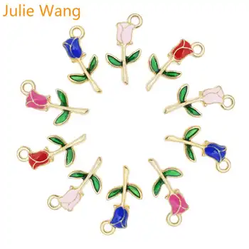 Julie Wang 4PCS Emajl Rose Čare Cvetje Roza, Rdeča, Modra Zlitine Zlata Ton Ogrlico, Zapestnico, Uhane, Nakit, Izdelava Dodatne opreme