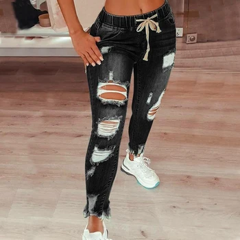 Ženska Moda in ženske Hip Hop Zdrobljen Luknje Traper Kavbojke Vrvico Raztrgala Svinčnik Hlače Sredi vzpona Priložnostne Slim-fit Stretch-preluknja, Jeans