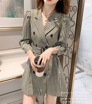 JMPRS Elegantno Kariran Žensk Mini Obleka Pomlad Dvojno Zapenjanje Dolg Rokav Tunika Pasu Stranka Blazerji Obleko korejski Slim Vestidos 2021