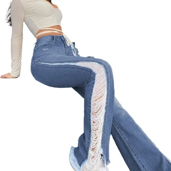 Poletje 2021 Ženske, Modro Ripped Kavbojke Fashion Sexy Strani Votlih Iz Visoko Pasu Bell Dnu Jeans Ženska Priložnostne Skinny Hlače Flare
