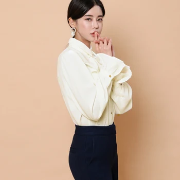 Nov prihod moda korejskem slogu pomlad bluzo ženske OL priložnostne temperament sladko belo lok flare rokav ruffle svoboden top majica