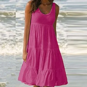 Ženske Trdna Priložnostne Obleko O Vratu brez Rokavov Ruffles Mini Obleka 2021 Poletje Novo Boho Plaži Plus Velikost 5XL Svoboden Mozaik Sundress