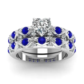 Ofertas Klasičnih Mešani Slog Luksuznih Ženskih Kristalno Modro Rdeče Zlato Barvo Srce Cirkon Ring Set Za Ženske Poroka Poročni Nakit