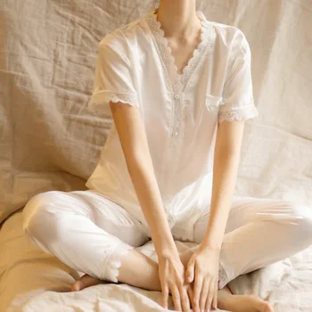 Women's Pajamas Set For Summer Retro Princess Palace Lace Cute Sweet Short Sleeve Sleepwear Female Sleeping Suit Pleated White