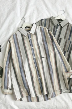 Japonski Harajuku Srajce Letnik Priložnostne Svoboden Oversize Long Sleeve Striped Moda Majice Ropa Hombre moška Oblačila DB60SH