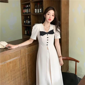 Kratek Rokav Vintage Midi Obleke, Ženske Priložnostne Lok Načrt Sladko Elegantno Obleko Urad Ženske Korejski Moda 2021 Poletje V Vratu