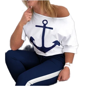 2020 Žensk Kratka Sleeved Majico in Hlače Ženske Mornarsko Modri Športni Obleko Sidro Tiskanje Dva-Delni Set Plus Velikost 5XL