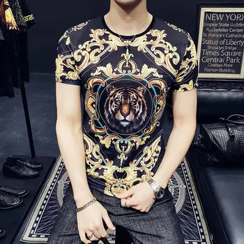 Črno Zlato Baročno Tiskanje Moške Kratke Plima Tshirt 2021 Poletje Korejski Camiseta Slim Fit Tshirt Za Moške Tiger Glavo Tee Majica Homme