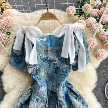 2021 Poletje Cvet Vintage Obleke Ženske Elegantne Y2k Obleko Korejski Modno Oblikovanje Kratek Rokav Večer Stranka Obleko Samice Lok