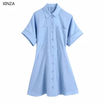 Ženske, Modro Poletje Shirt Obleko Za 2021 Kratek Rokav Obliž Žepe Pleat Priložnostne Mini Obleka Ženska Elegantna Gumb Gor Elastična Obleke