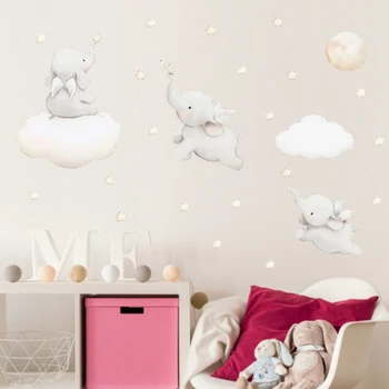 Luštna slona stenske nalepke s krili samolepilni papir srčkan fant, otroška soba dekoracijo sten slon dekoracijo nalepka