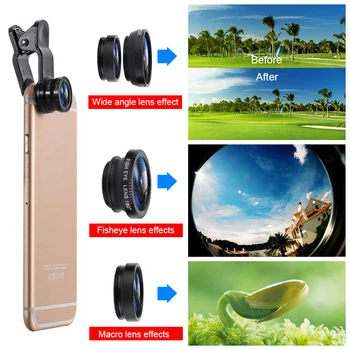 Fisheye Objektiv 3 V 1 Leče širokokotni Objektiv Za IPhone Xiaomi Huawei Lenovo Makro Objektivi Fotoaparat Kompleti Mobilni Telefon Clip Objektiv TXTB1
