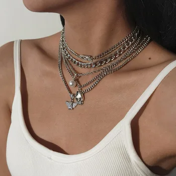 Vroče prodaja nakita z pretirana punk hip-hop nosorogovo multi-layer ogrlica pin lobanje ogrlica za ženske