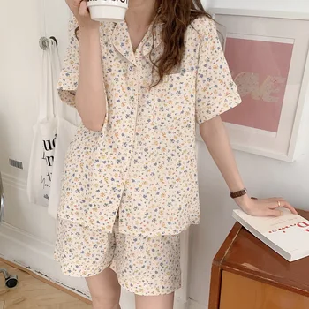Novo cvjetnim tiskanja bombažno pižamo nastavite ženske sleepwear 2 delni set poletje homewear hlače obleko beloprsi singl srajce Y633
