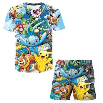 2021 Poletje Fantje Tiskanja Risanka T-shirt Določa Teen Dekleta 3D, Anime Pokemon Pikachu Obleko Za Otroke Oblačila Vrhovi Otroci Oblačila