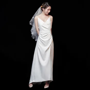 V Vratu Poročne Obleke 2021 Francoskem Slogu Svetlobe Bela Dolžina Tal Seksi Backless Visoko Split Poročne Halje Vestido De Noiva