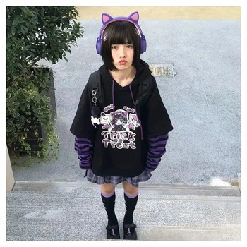 Japonski oblačila Hoodie kawaii slog Sladko proge svoboden majica 2021 zima dekle ponaredek dva kosa plus žametni ženski