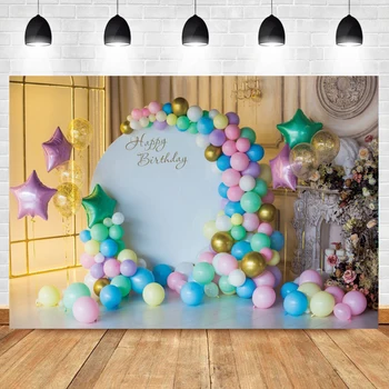 Laeacco Blue Light Bokeh Castle Gold Butterfly Balloon Gift Flowers Ball Candle Party Baby Photo Backdrop Photography Background