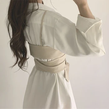 Yitimoky Shirt Obleko za Ženske 2021 Poletje korejskem Slogu Obleka Elegantna Moda Eleganten Dolg Rokav Svoboden Zavoj Navzdol Ovratnik Nova