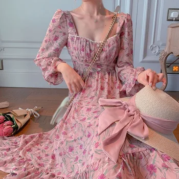 2021 Pomlad Jesen Ženske Obleke Cvetlični Mid-dolžina Obleko francoski Kvadratnih Ovratnik Dolg Odsek Dolge Rokave Pearl Gumbi Obleko