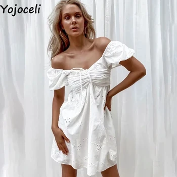 Yojoceli Elegantno belo vezenje kratko poletje obleko ženske Seksi plaži priložnostne srčkan obleko Sladko mini žensko obleko vestidos