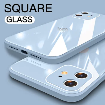 Kvadratni Kaljeno Steklo Primeru Telefon Za iPhone 11 12 Pro Max 12 Mini XS Max X XR 8 7 Plus SE 2020 Mehki Silikonski Okvir Telefon Kritje