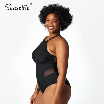SEASELFIE Plus Velikost Black Visoko Vratu Očesa En Kos Kopalke Ženske Velikosti Seksi Monokini kopalke 2021 Novih Kopalk Beach
