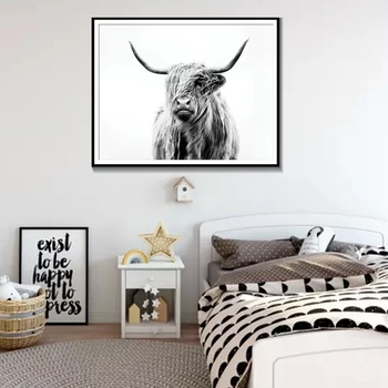 Nordijska Black &White Highland Krava Platna, Plakati, Škotskega Goveda Wall Art Barvanje, Tiskanje Slike Dnevna Soba Dekor Cuadros