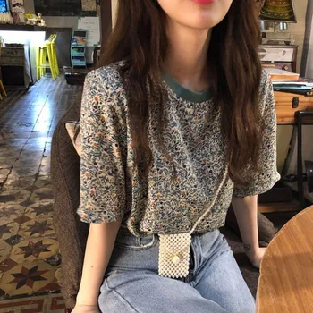 Kratek Rokav T-majice Ženske Cvetlični Osnovne Letnik Preproste Zasnove, korejski Slog High Street Slim Dihanje Poletje Moda Ponudbe