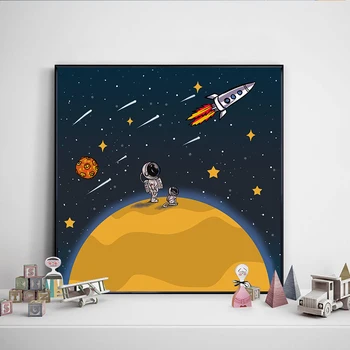 Risanka Astronavt Potuje V Prostor, Platno, Tisk Slikarstvo Fant Spalnica Wall Art Dekor Plakat Nordijska Sliko za Otroško Sobo Zidana