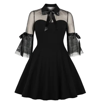 2020 Ženske Gotike Seksi Mini Obleka Black Očesa Mozaik Vidi Skozi Flare Rokav Draped Elegantno Plus Velikost Stranka Kratke Obleke