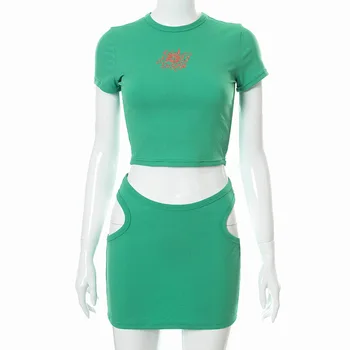 ALLNeon Y2K Moda Vezenino Zelena 2 Kos Obleke 90. letih Ulične Kratek Rokav T-majice izrežemo Mini Krilo Co-sls Določa