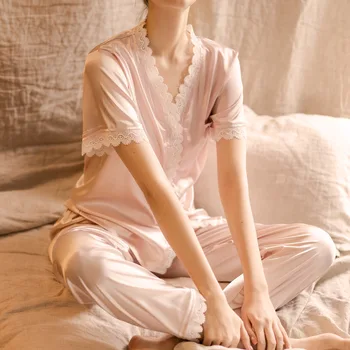 Women's Pajamas Set For Summer Retro Princess Palace Lace Cute Sweet Short Sleeve Sleepwear Female Sleeping Suit Pleated White