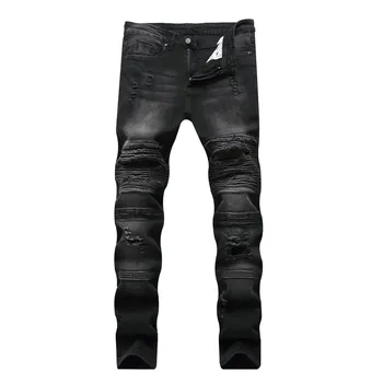 2019 Visoke Kakovosti Moških Casual Kavbojke Luknjo Slim Naravnost Naguban Biker Jeans Hlače Moški Hombre Denim Moda Črne Hlače