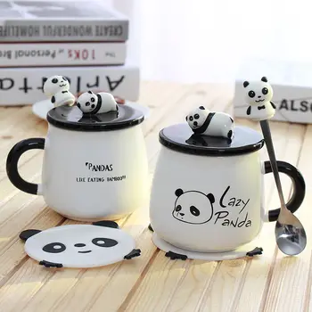 Panda skodelico kave zajtrk pokal velike kapacitete vode, skodelico mleka pokal ustvarjalne risanka keramične skodelice skodelico kave s pokrovom in žličko