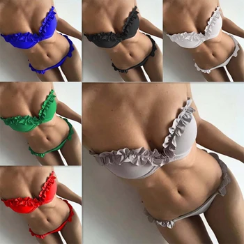 Oblazinjeni Push Up Bikini Komplet Underwire Cvet Ruffles Kopalke Za Ženske Seksi Trdna Bandeau Ženske Kopalke 2020 Poletje Biquini