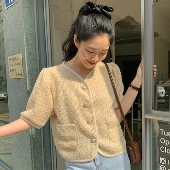 Ženske Jakne 2021 Poletje Korejski Elegantna Ženska Nežno Proti-Vrat Trim Pearl Gumb Dvojni Žep Moda Puff Sleeved Tweed Coats