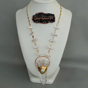 Y·YING Naravnih Jasno Quartzs Točke Bela Biwa Pearl Obesek ogrlica zlato barvo prevlečeni Verige Ogrlica 21
