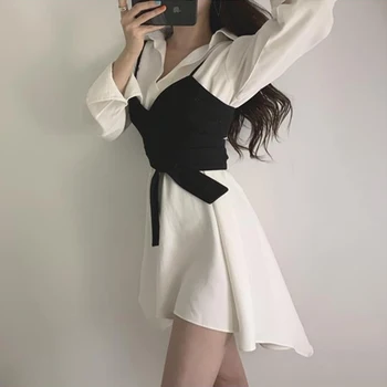 Yitimoky Shirt Obleko za Ženske 2021 Poletje korejskem Slogu Obleka Elegantna Moda Eleganten Dolg Rokav Svoboden Zavoj Navzdol Ovratnik Nova