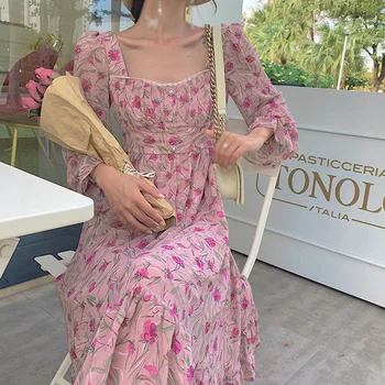 2021 Pomlad Jesen Ženske Obleke Cvetlični Mid-dolžina Obleko francoski Kvadratnih Ovratnik Dolg Odsek Dolge Rokave Pearl Gumbi Obleko