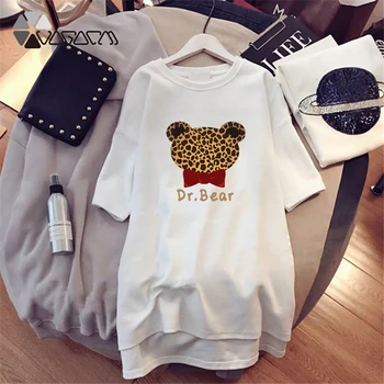 2021 T-Shirt Obleko Ženske Harajuku Medved, Leopard Tiskanja Mini Obleke Kawaii Risanka Priložnostne Kratek Rokav Poletne Ulične