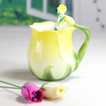 Rose Cvet Ustvarjalne Vrč, Evropski Keramični Vrč Kave, Razkošje In Lep Britanski Stil Vrč Z Žlico